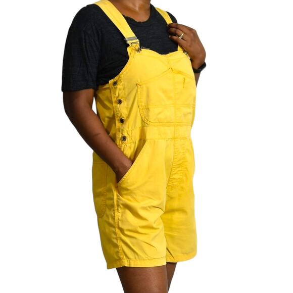 Vintage Bib Overalls Shorts Yellow Cotton Denim Shortalls 90s Y2k Size Medium - Picture 15 of 16